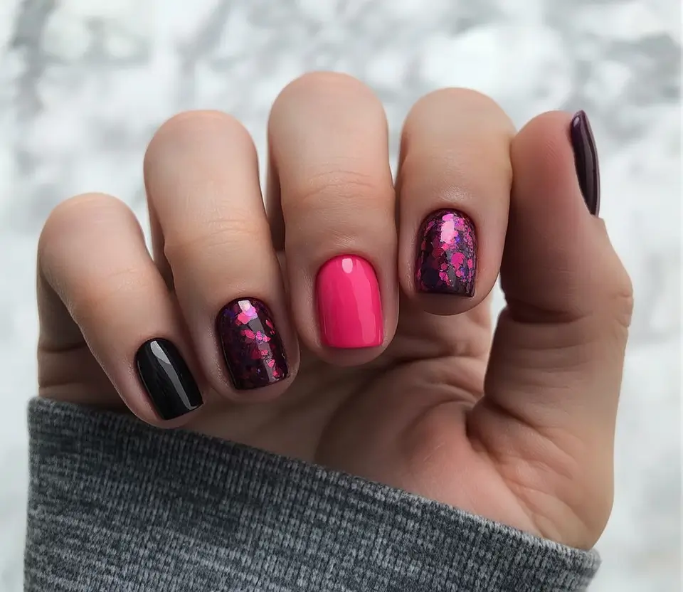 Short Gel Nails Winter Color and Design 2025 2026 Pink Sparkle