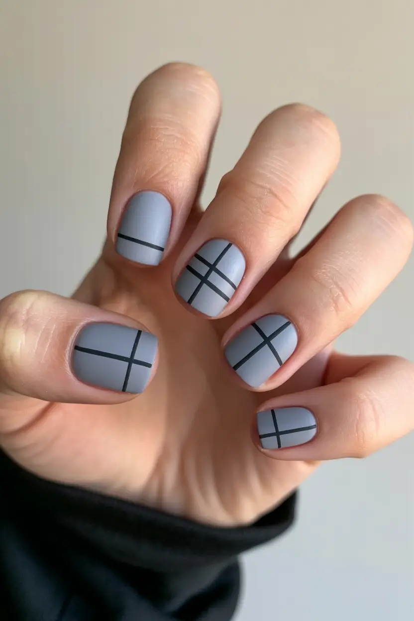 Short Gel Nails Winter Color and Design 2025 2026 Grey Lines