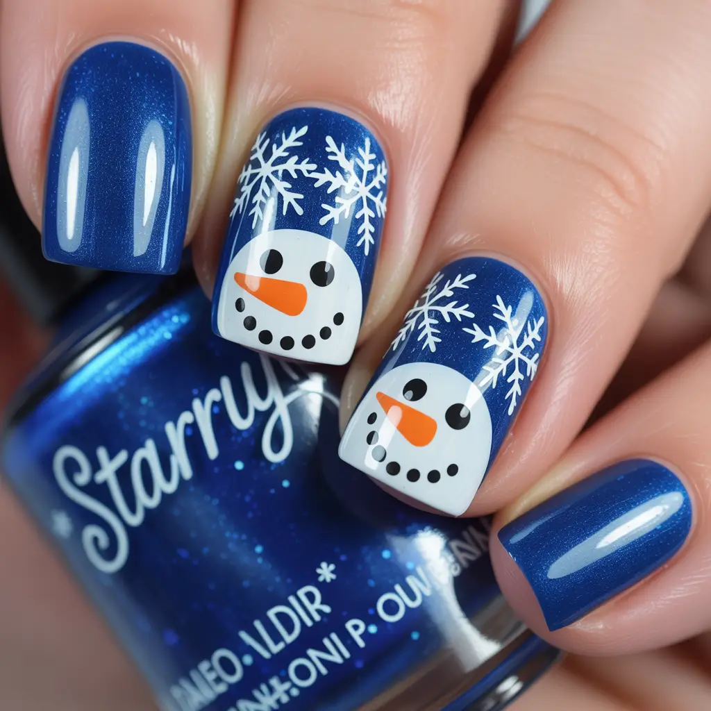 Short Gel Nails Winter Color and Design 2025 2026 Blue Snowman