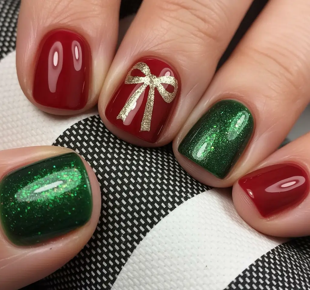 Short Gel Nails Winter Color and Design 2025 2026 Green Red Bow