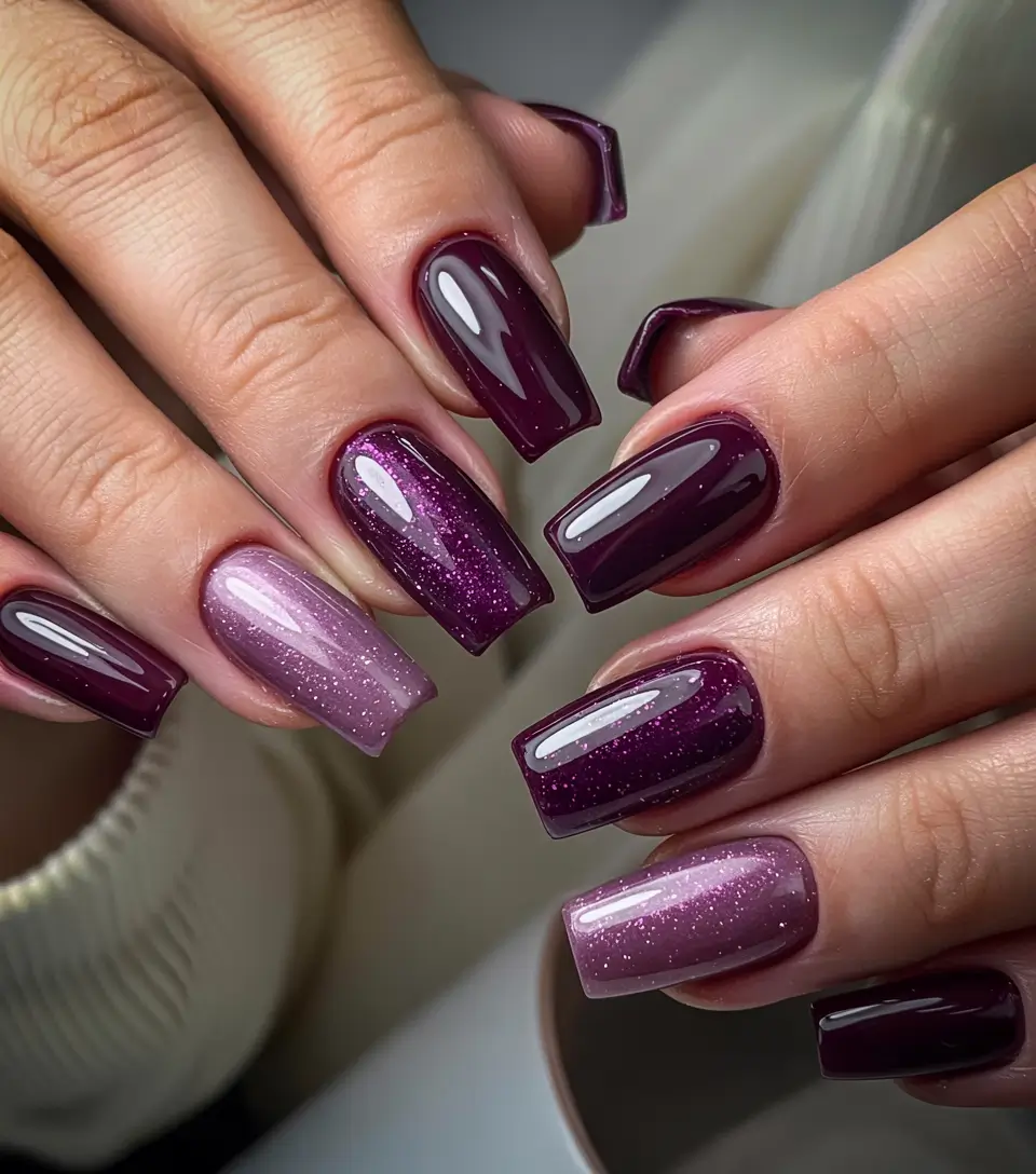 simple winter nails ideas 2025 2026 Plum Ombre Glow