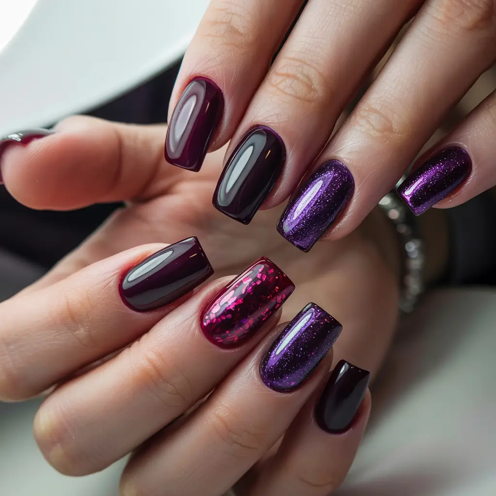 simple winter nails ideas 2025 2026 Galaxy Plum Sparkle