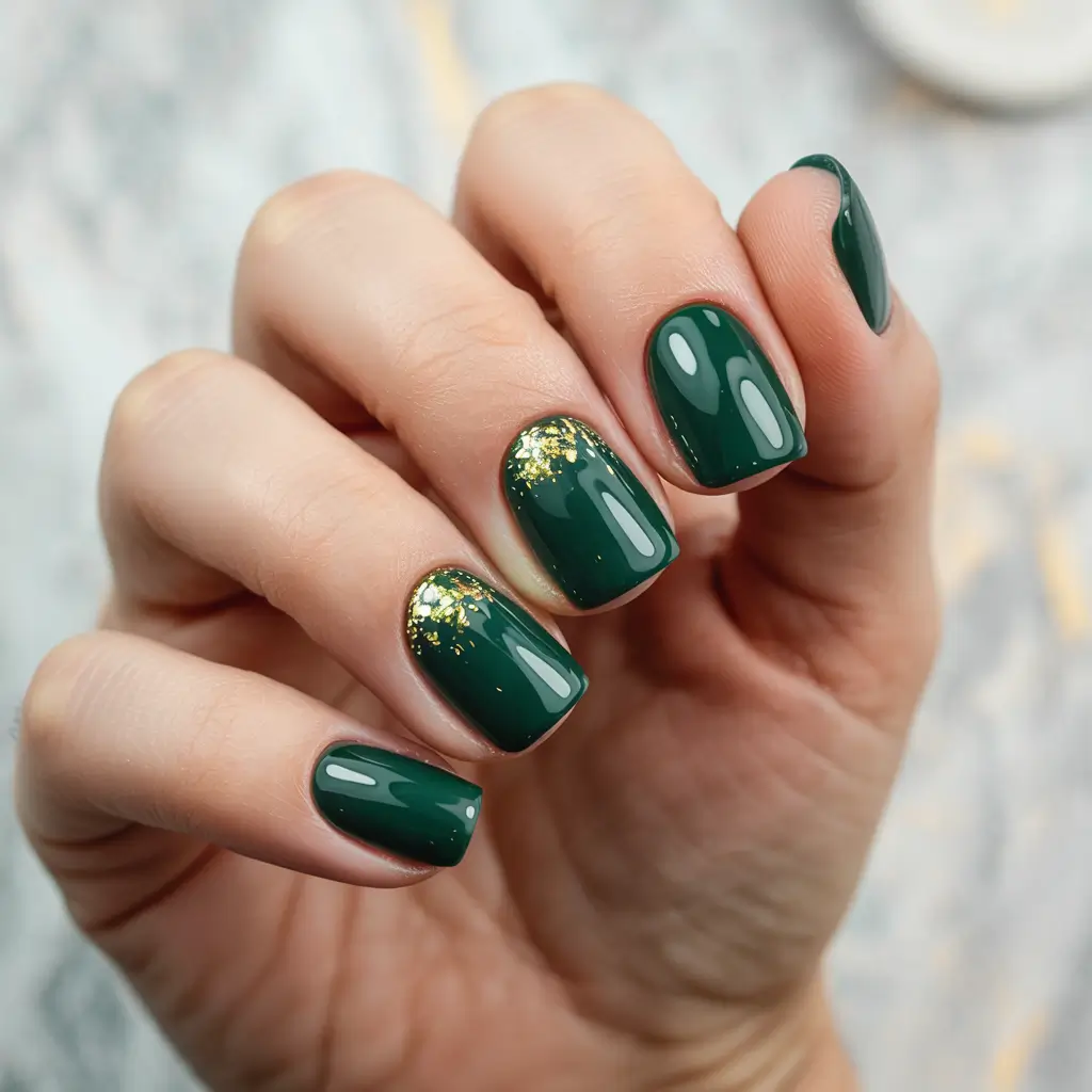 simple winter nails ideas 2025 2026 Emerald with Gold Dust