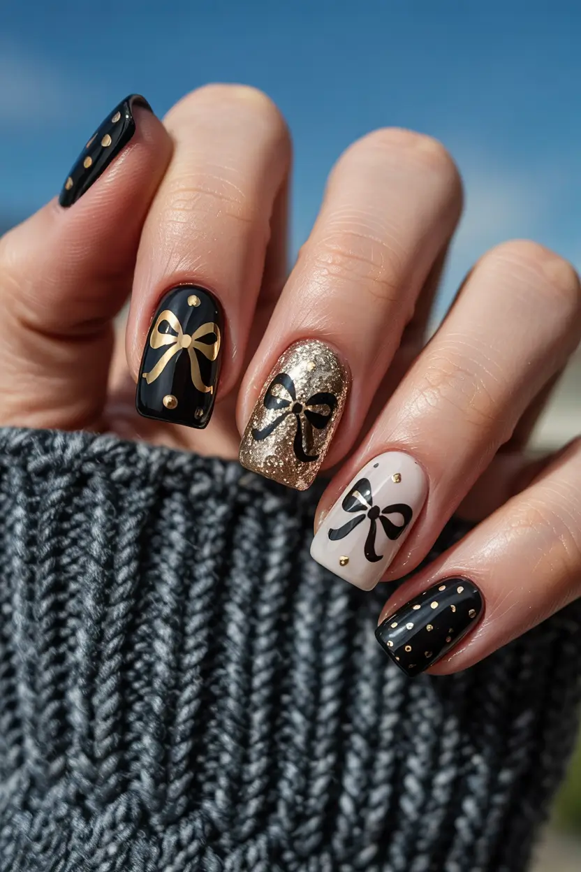 simple winter nails ideas 2025 2026 Golden Bow Accents