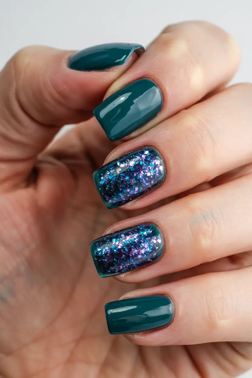 simple winter nails ideas 2025 2026 Teal Glitter Gem