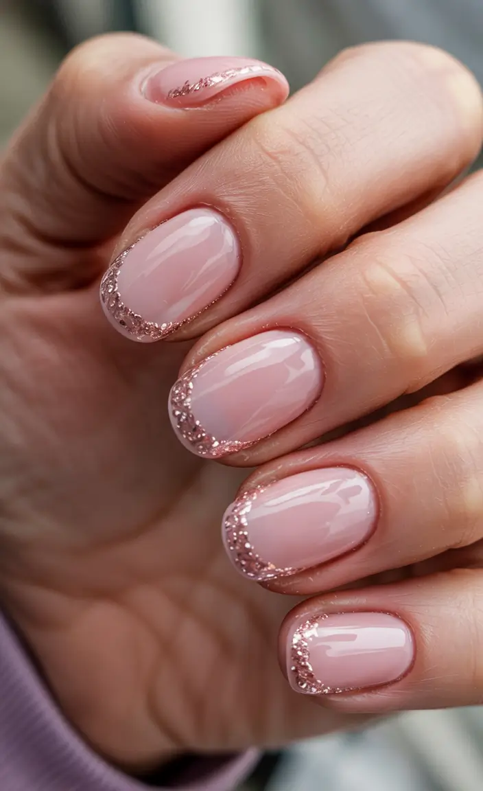 simple winter nails ideas 2025 2026 Rose Gold Sparkle Tips