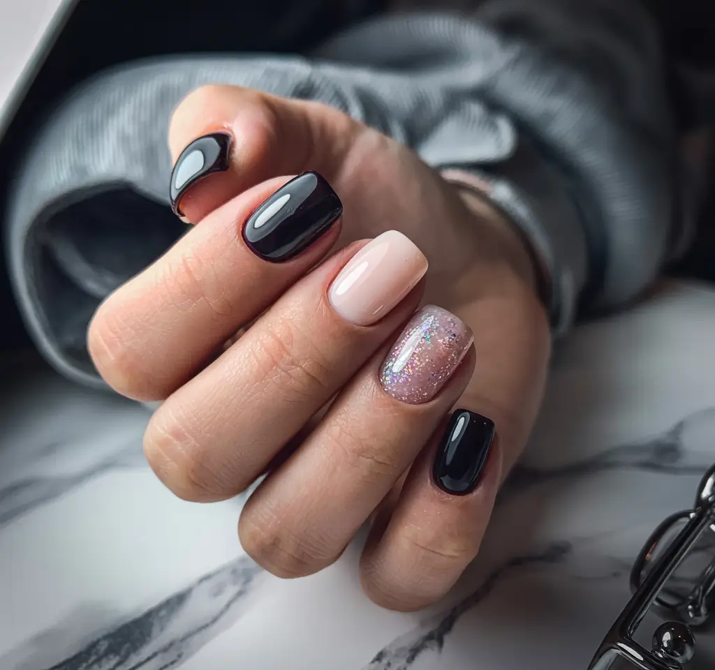 simple winter nails ideas 2025 2026 Midnight Contrast Glam