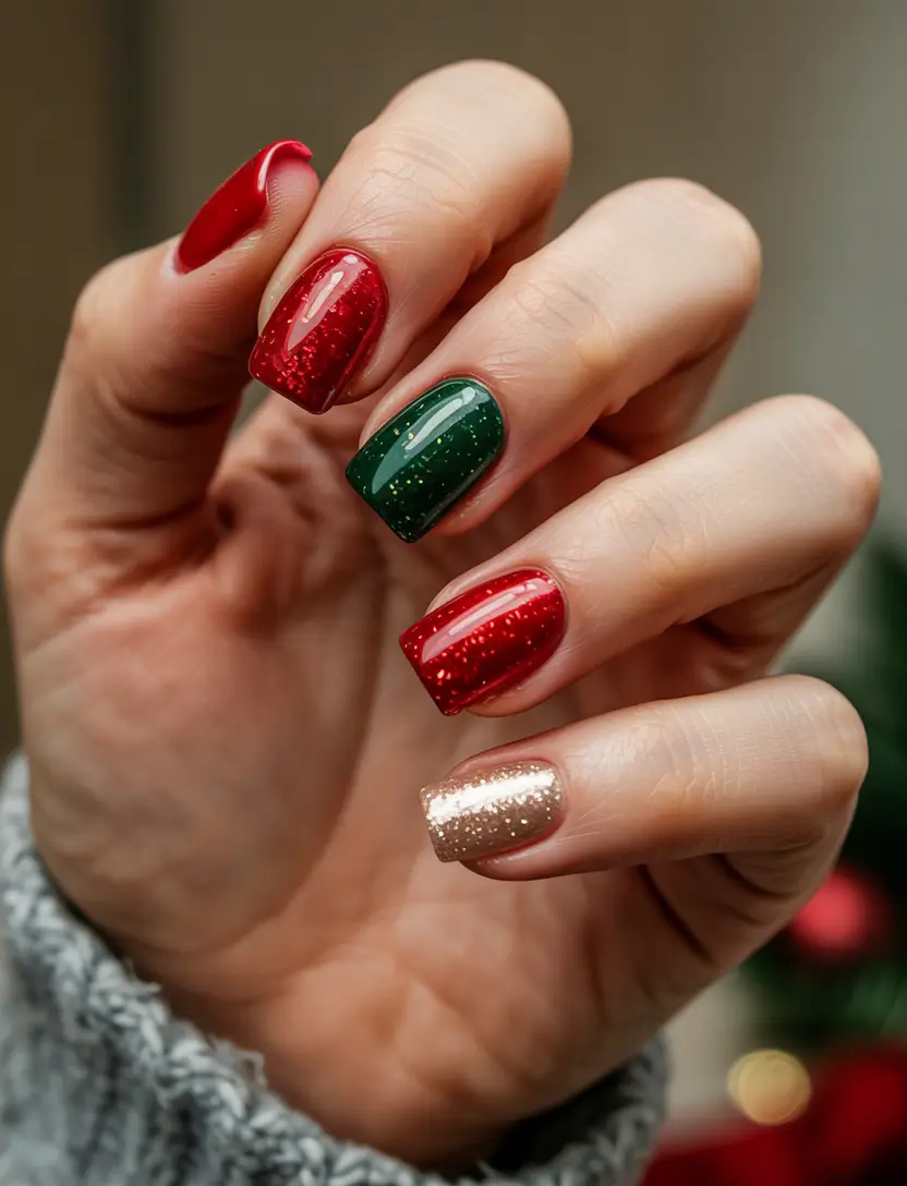 simple winter nails ideas 2025 2026 Festive Red and Emerald Shimmer