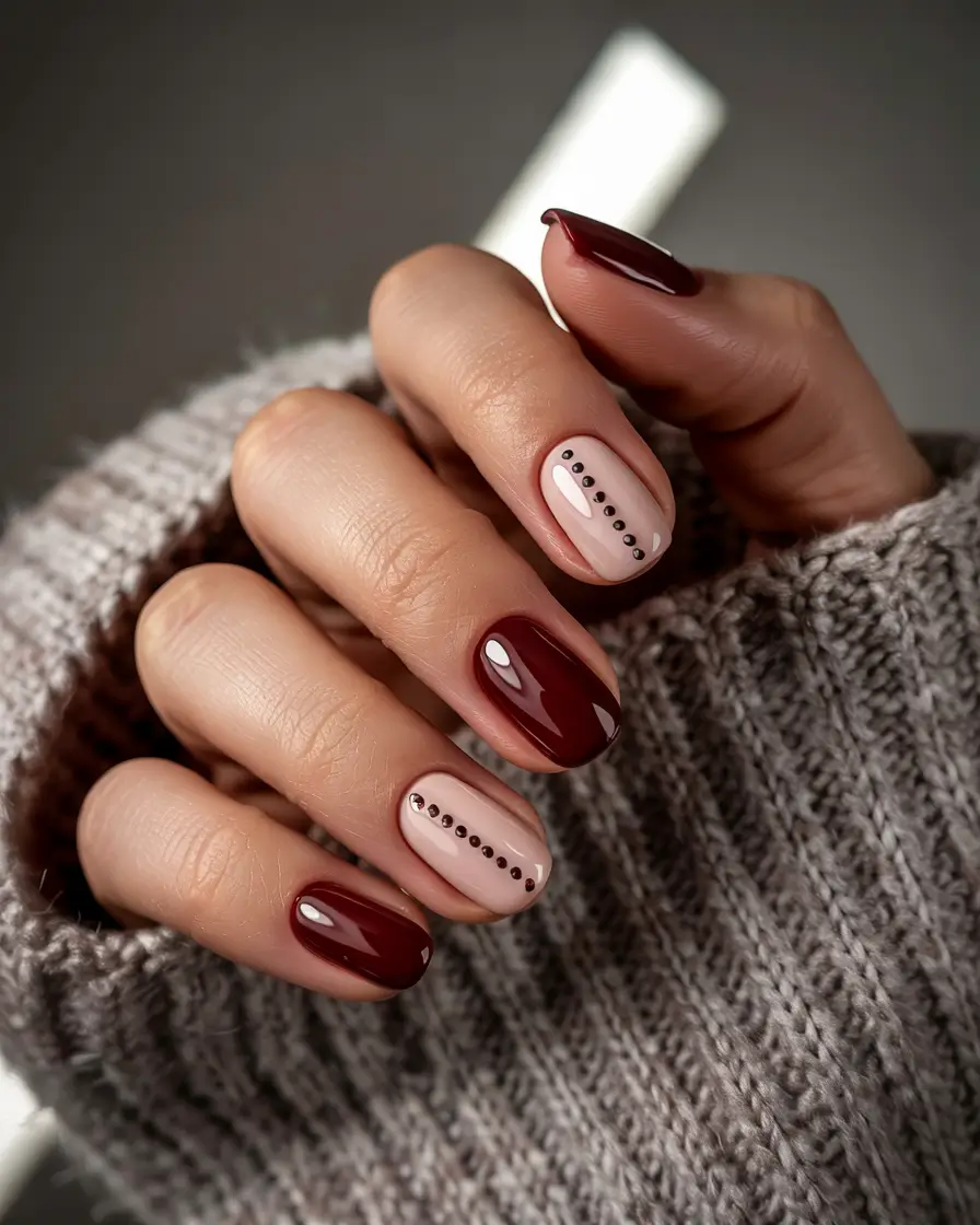 simple winter nails ideas 2025 2026 Burgundy Dot Detail