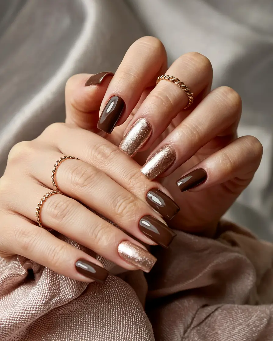 simple winter nails ideas 2025 2026 Chocolate and Gold Luxe