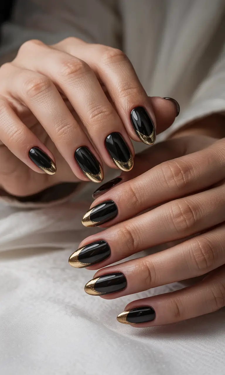 simple winter nails ideas 2025 2026 Black and Gold Statement