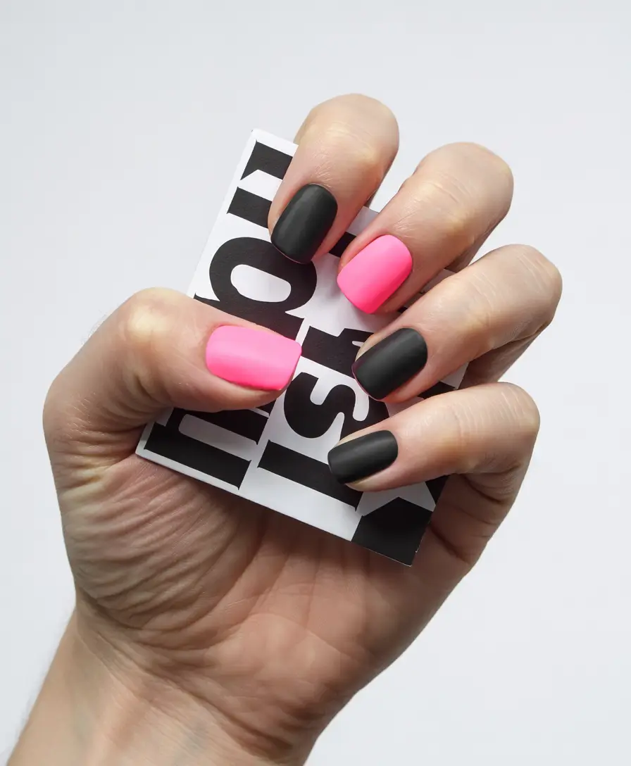 simple winter nails ideas 2025 2026 Matte Pink and Black Mix