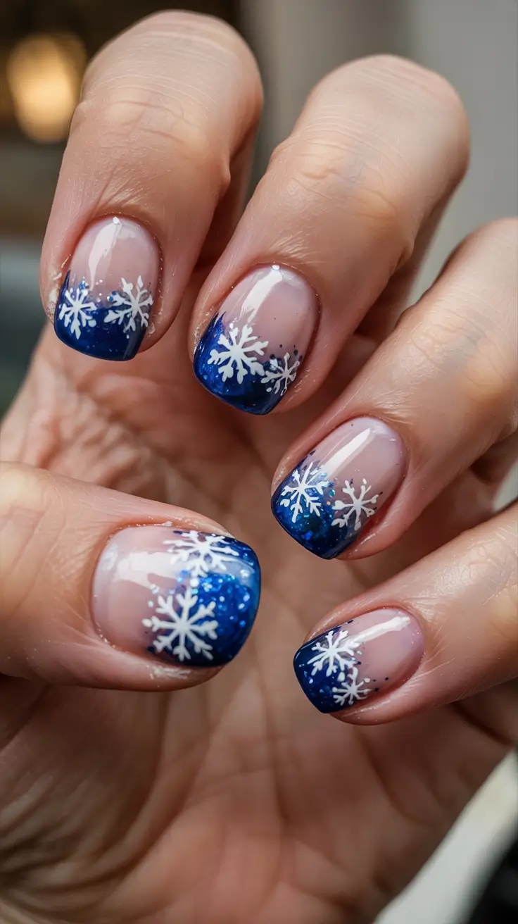 simple winter nails ideas 2025 2026 Snowflake Glitter Tips
