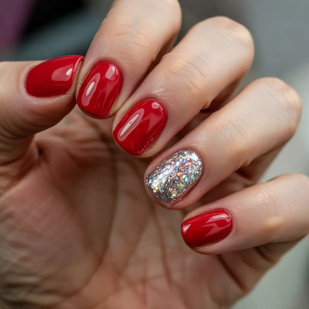 Stylish Short Nails Winter 2025–2026 Classic Red With Glitter Accent
