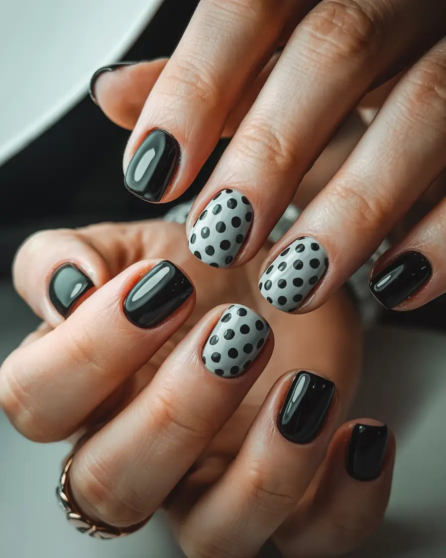 Stylish Short Nails Winter 2025–2026 Chic Polka Noir