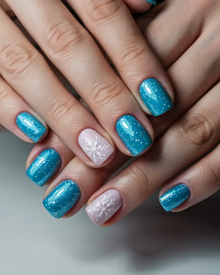 Stylish Short Nails Winter 2025–2026 Frosty Blue Snowflakes