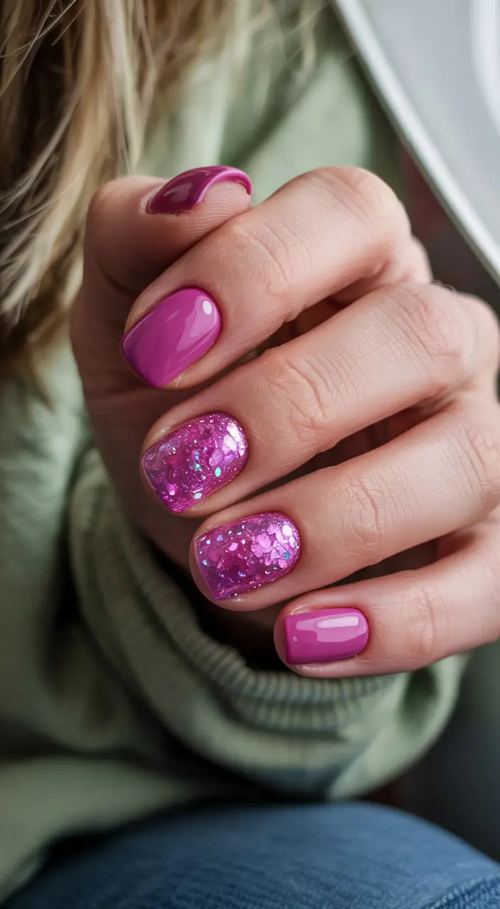 Stylish Short Nails Winter 2025–2026 Playful Pink Glitter Pop