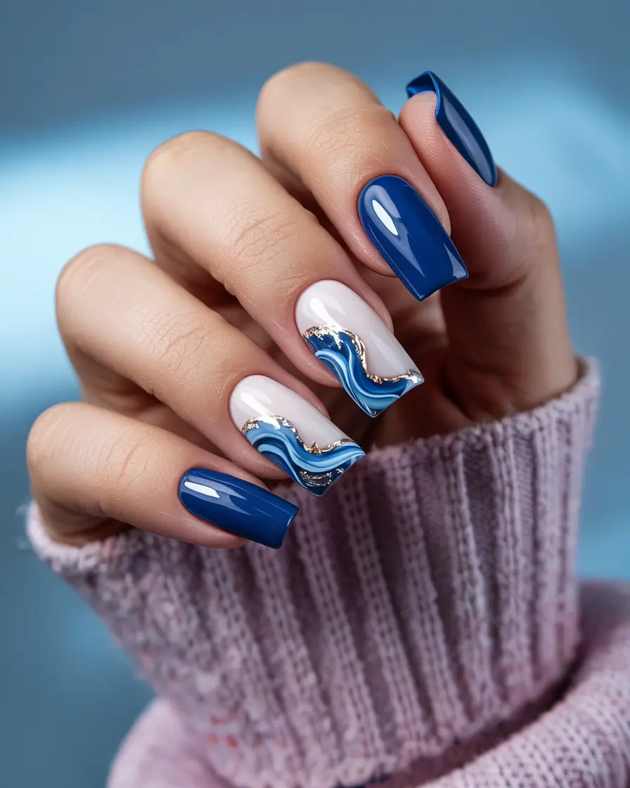 Stylish Short Nails Winter 2025–2026 Royal Blue Waves