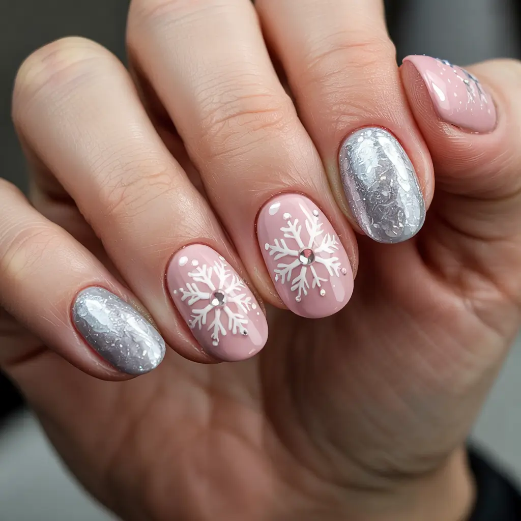 Stylish Short Nails Winter 2025–2026 Soft Pink Snowflake Charm