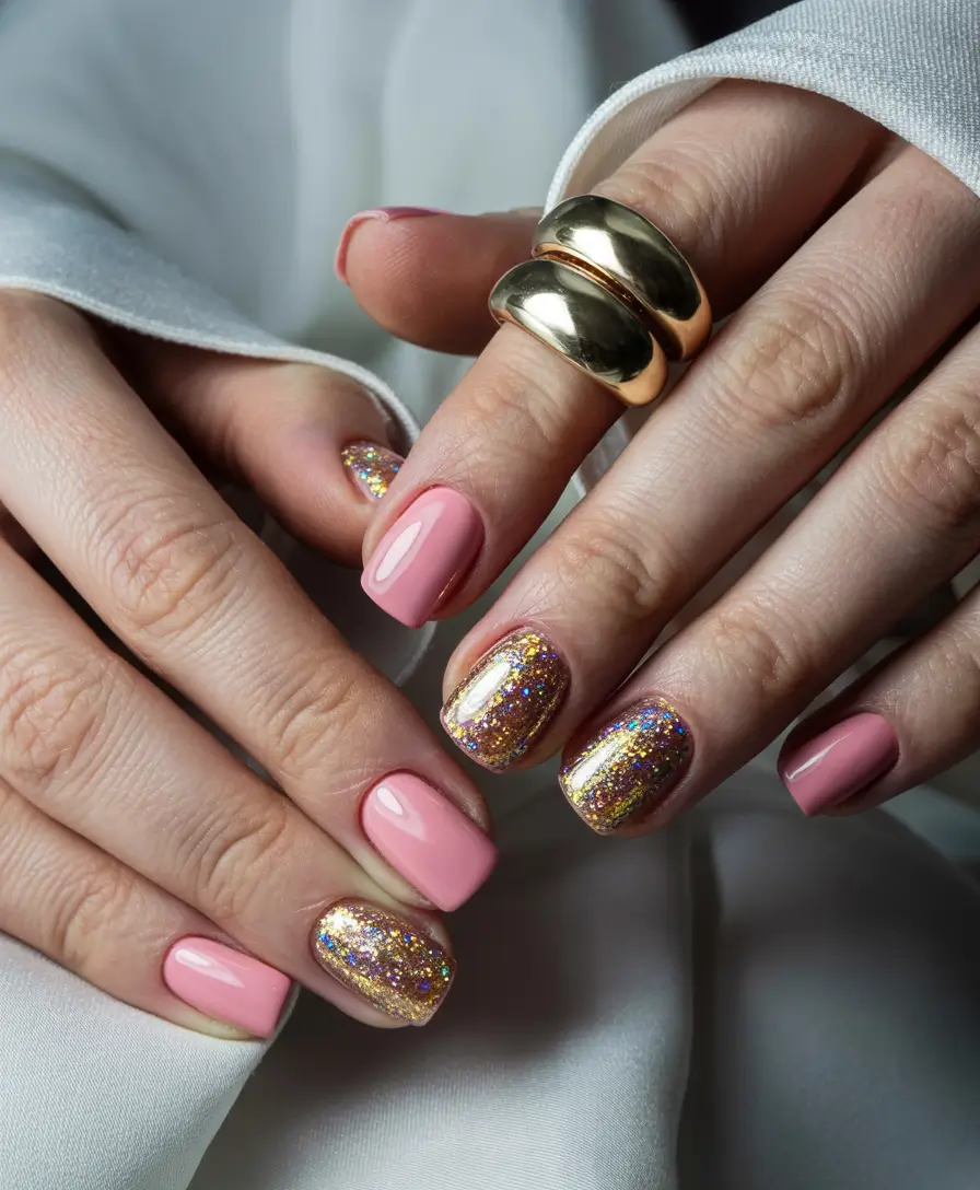 Stylish Short Nails Winter 2025–2026 Golden Blush Sparkle