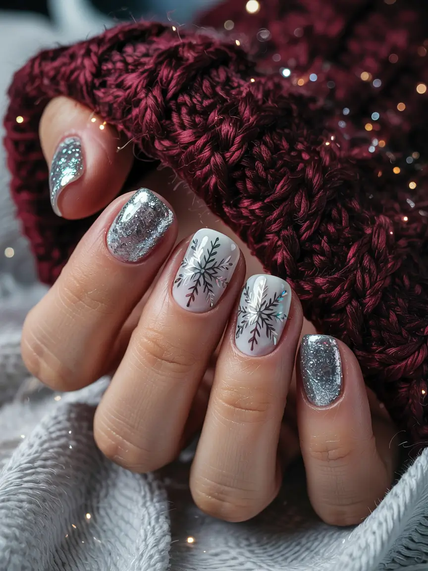 Stylish Short Nails Winter 2025–2026 Silver Snowflake Magic