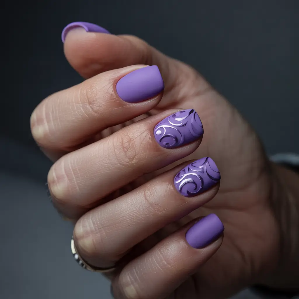 Stylish Short Nails Winter 2025–2026 Violet Swirl Fantasy