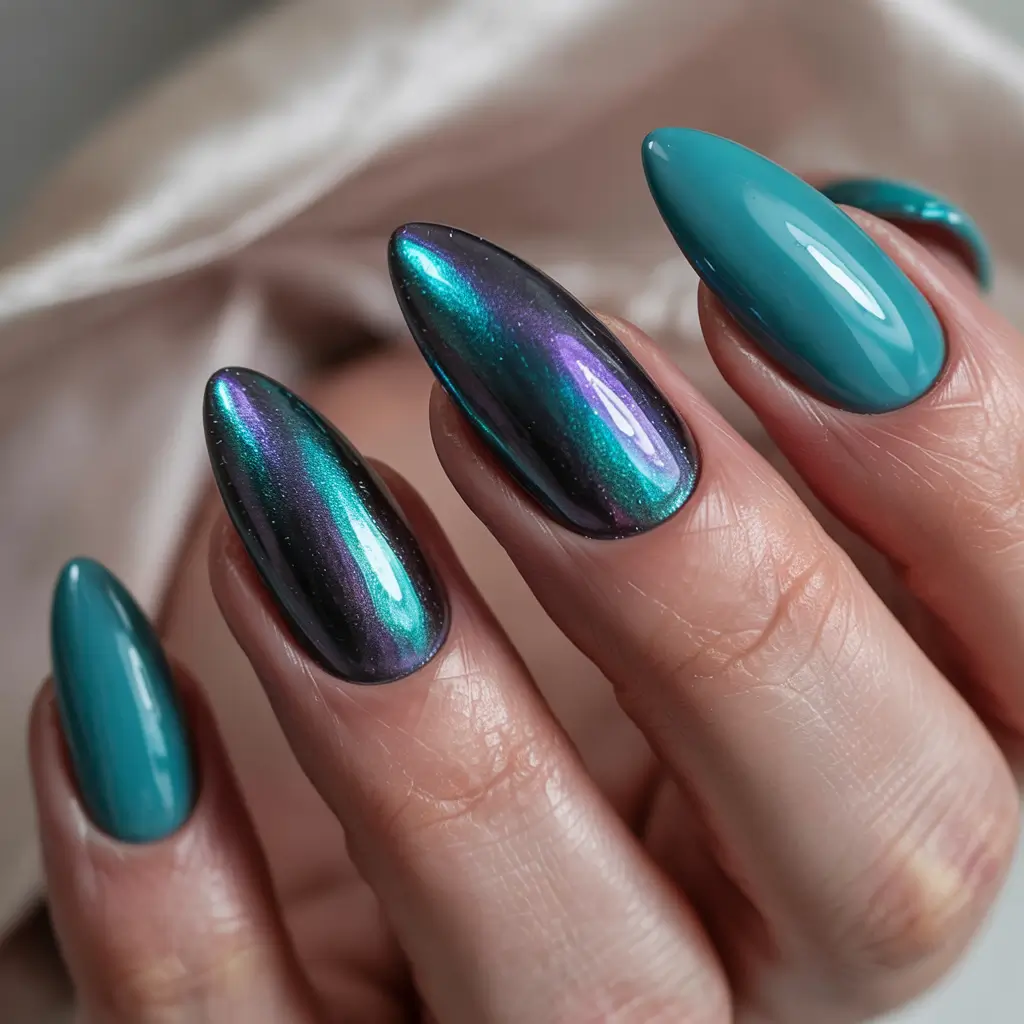 Stylish Short Nails Winter 2025–2026 Metallic Teal Mirage