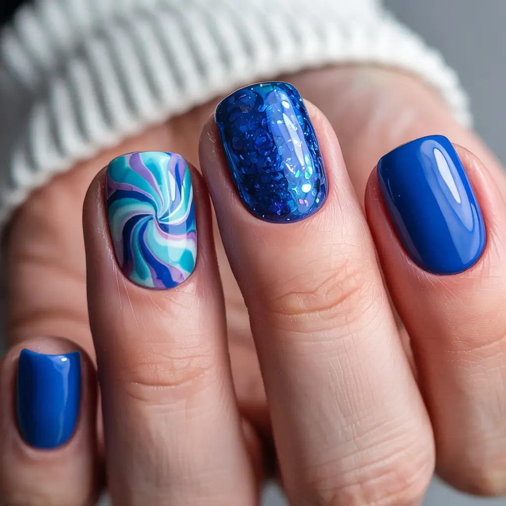 Stylish Short Nails Winter 2025–2026 Swirled Blue Energy