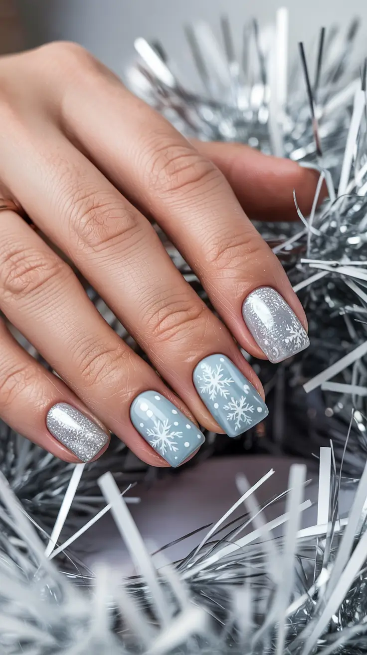 Stylish Short Nails Winter 2025–2026 Silver Snowflake Glow