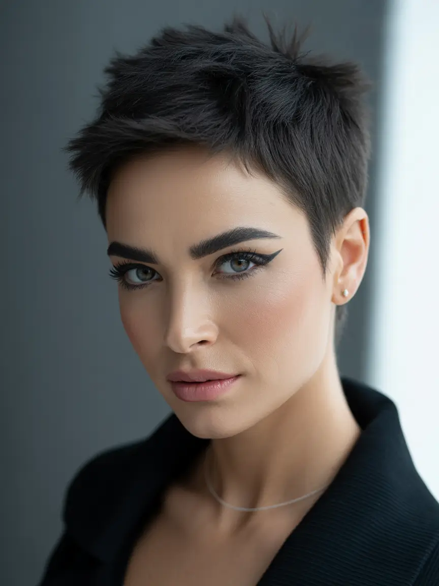 Stylish Short Winter Haircut Ideas 2025–2026 Sharp Pixie with Jet-Black Shine