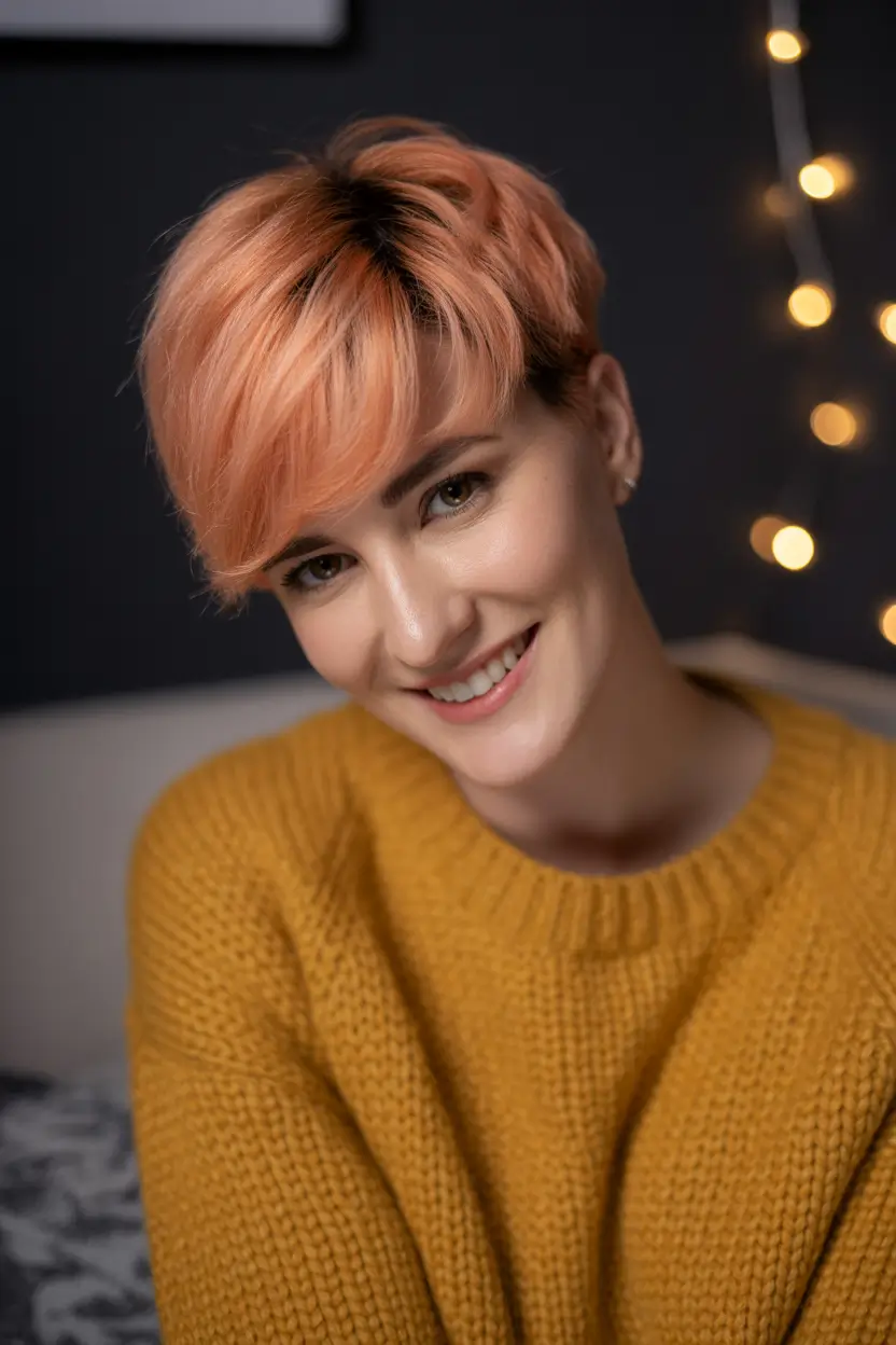 Stylish Short Winter Haircut Ideas 2025–2026 Peach Pixie with Side Sweep