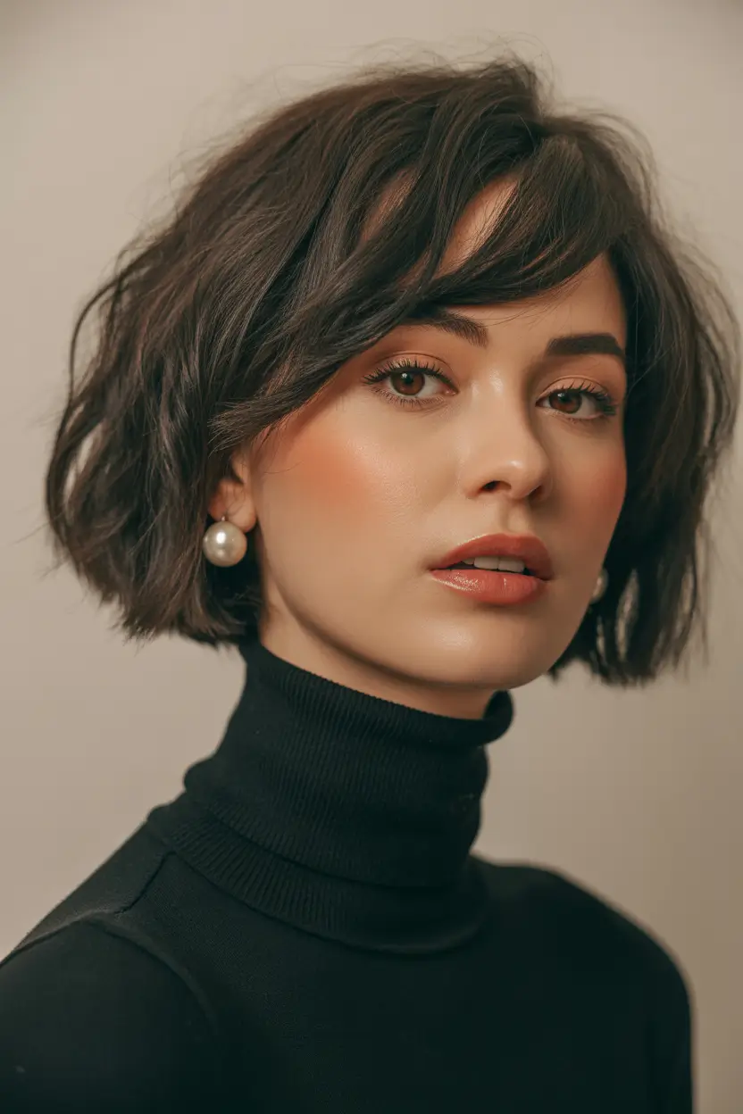 Stylish Short Winter Haircut Ideas 2025–2026 Textured Bob with Curtain Bangs