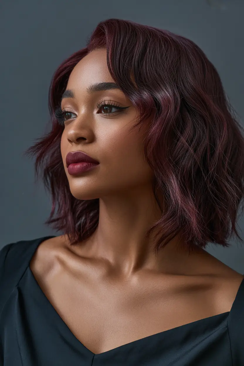 Stylish Short Winter Haircut Ideas 2025–2026 Deep Plum Wavy Bob
