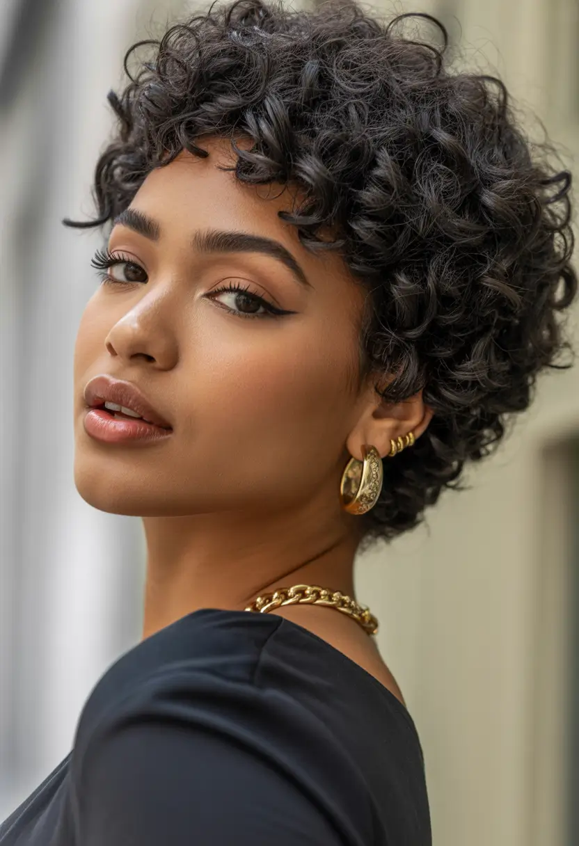 Stylish Short Winter Haircut Ideas 2025–2026 Curly Crop with Gold Details