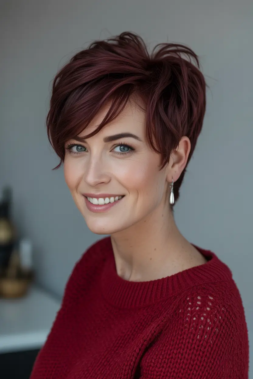 Stylish Short Winter Haircut Ideas 2025–2026 Rich Burgundy Layered Pixie