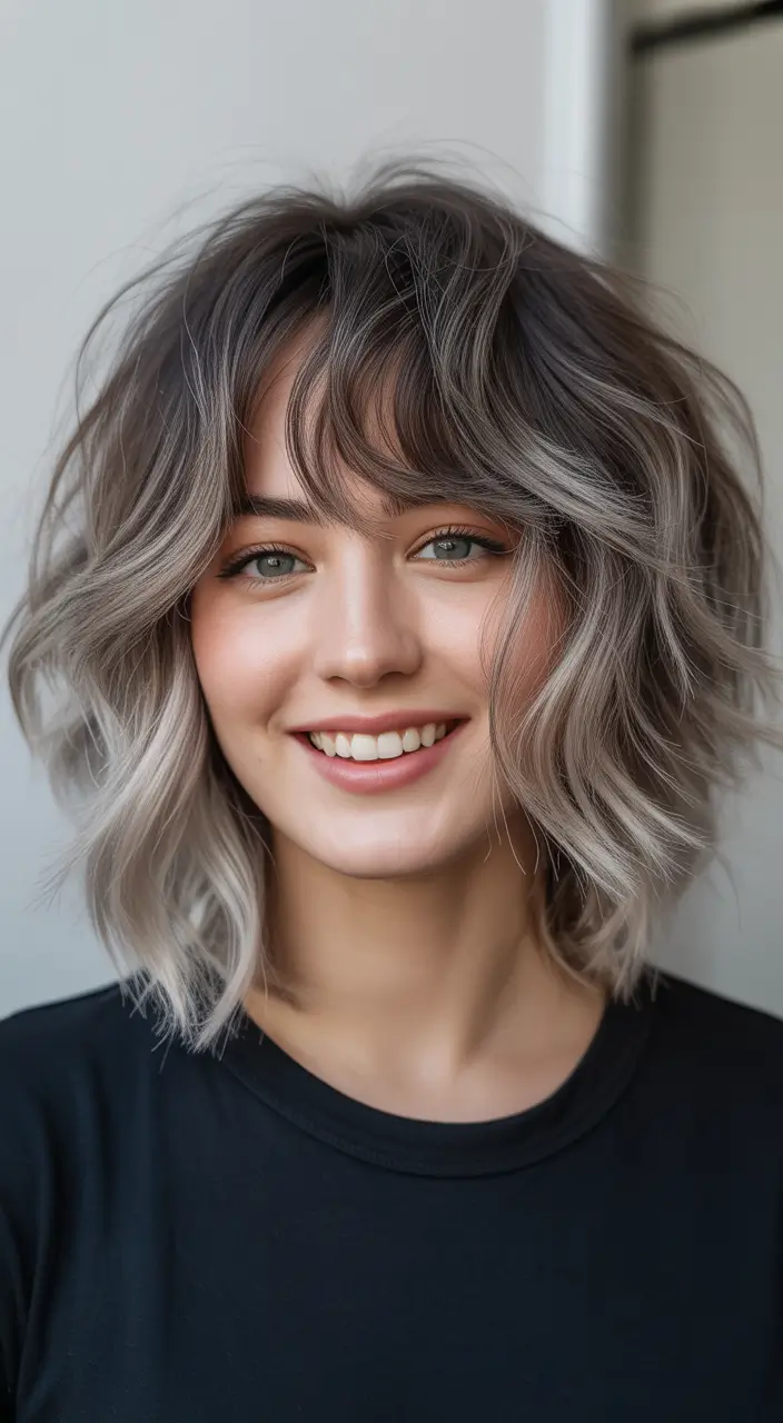 Stylish Short Winter Haircut Ideas 2025–2026 Smoky Blonde Shag Bob with Bangs