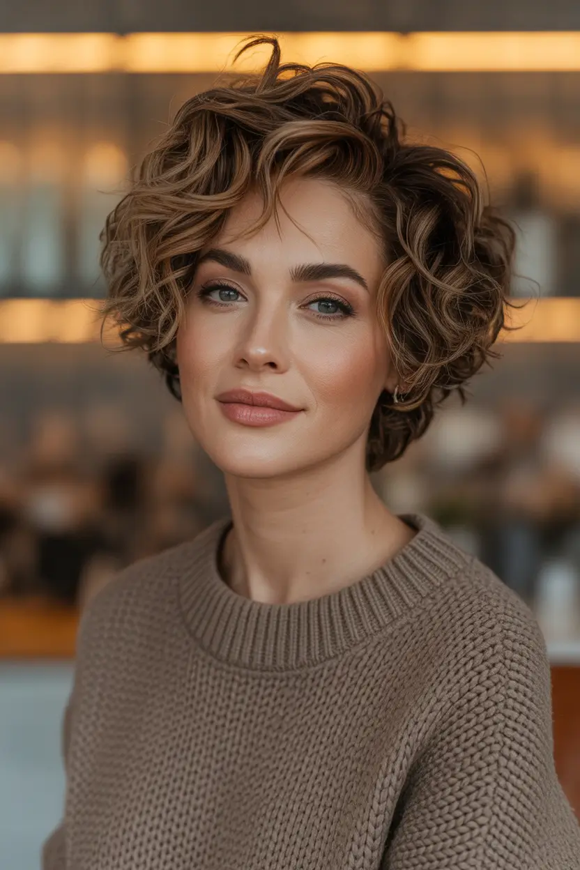 Stylish Short Winter Haircut Ideas 2025–2026 Voluminous Curly Bob with Warm Highlights