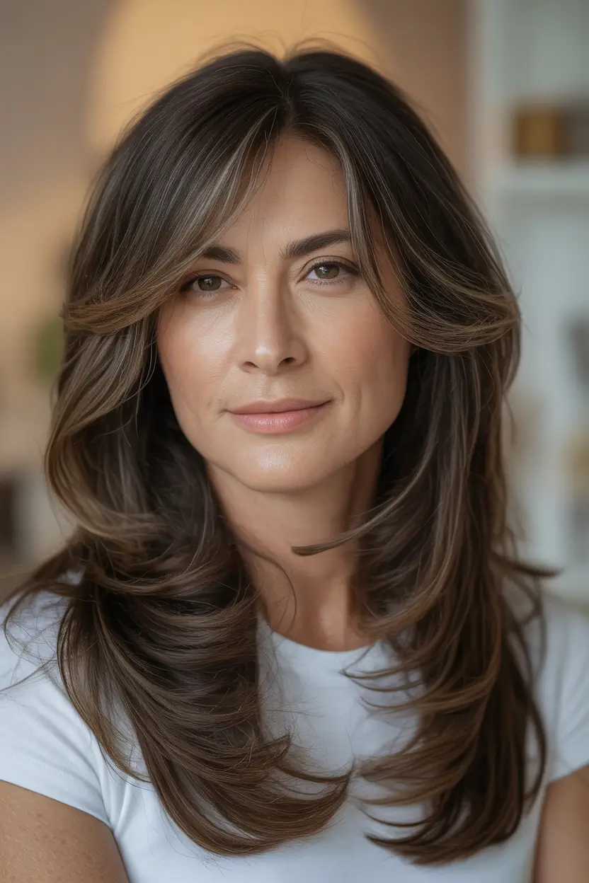Winter 2025–2026 Haircuts and Colors for Women Over 50 Long Espresso Layers