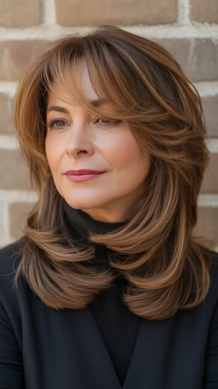 Winter 2025–2026 Haircuts and Colors for Women Over 50 Feathered Honey Brilliance