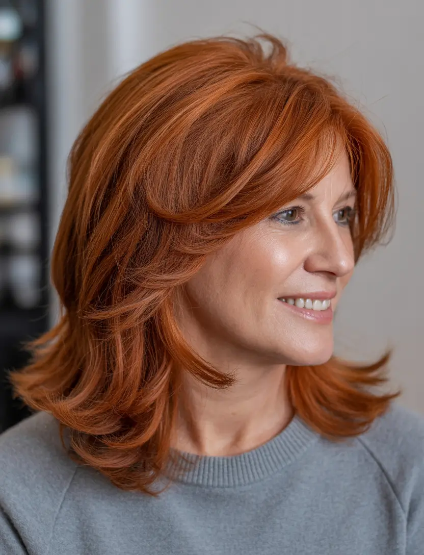 Winter 2025–2026 Haircuts and Colors for Women Over 50 Fiery Copper Layers
