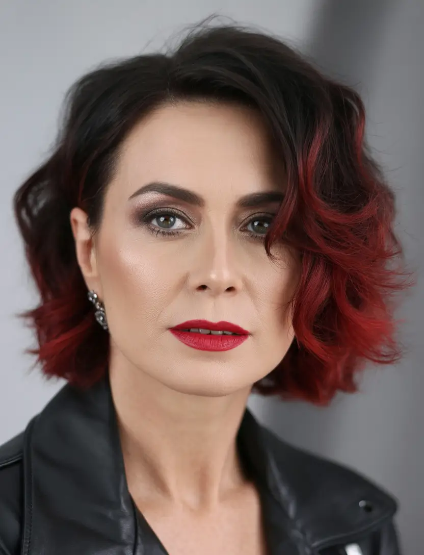 Winter 2025–2026 Haircuts and Colors for Women Over 50 Dark Waves with Fiery Tips