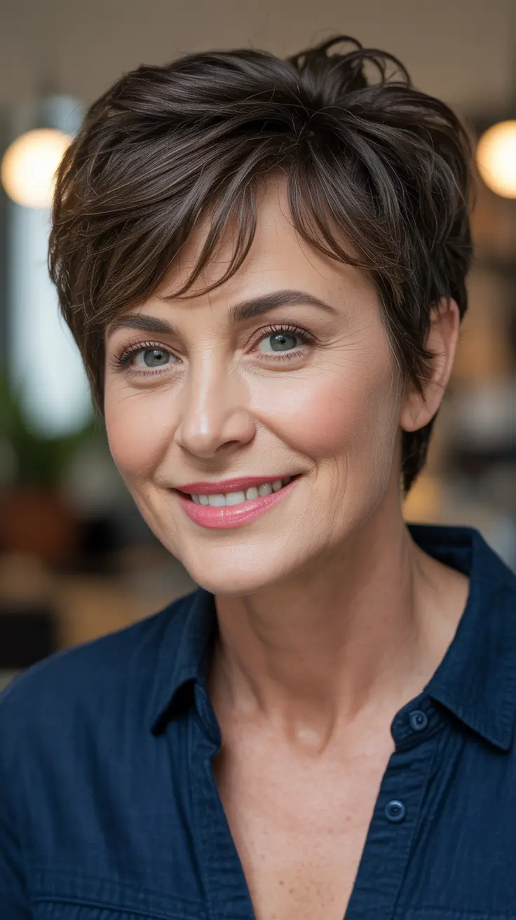 Winter 2025–2026 Haircuts and Colors for Women Over 50 Effortless Brunette Pixie