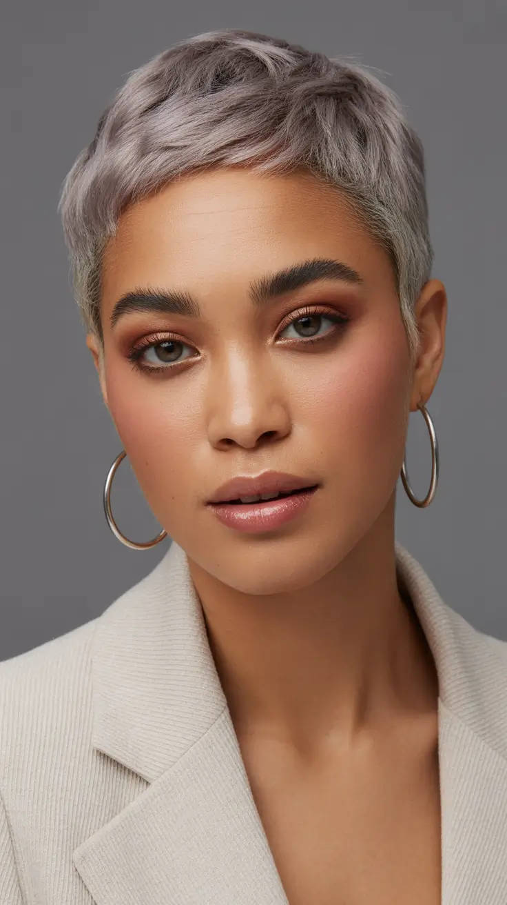 Winter 2025–2026 Hair Colors Trends Dark Skin Frosted Lilac Pixie