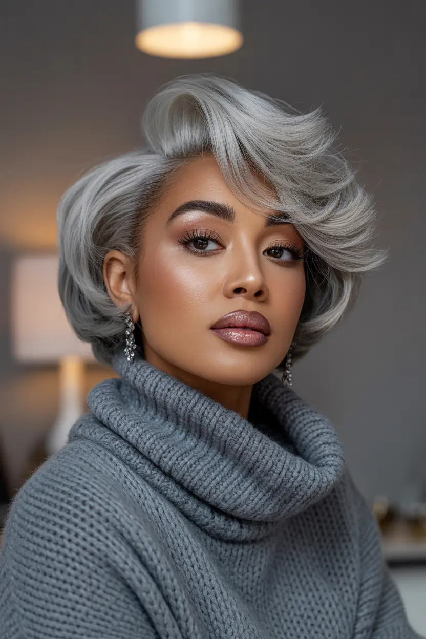 Winter 2025–2026 Hair Colors Trends Dark Skin Silver Smoke Bob