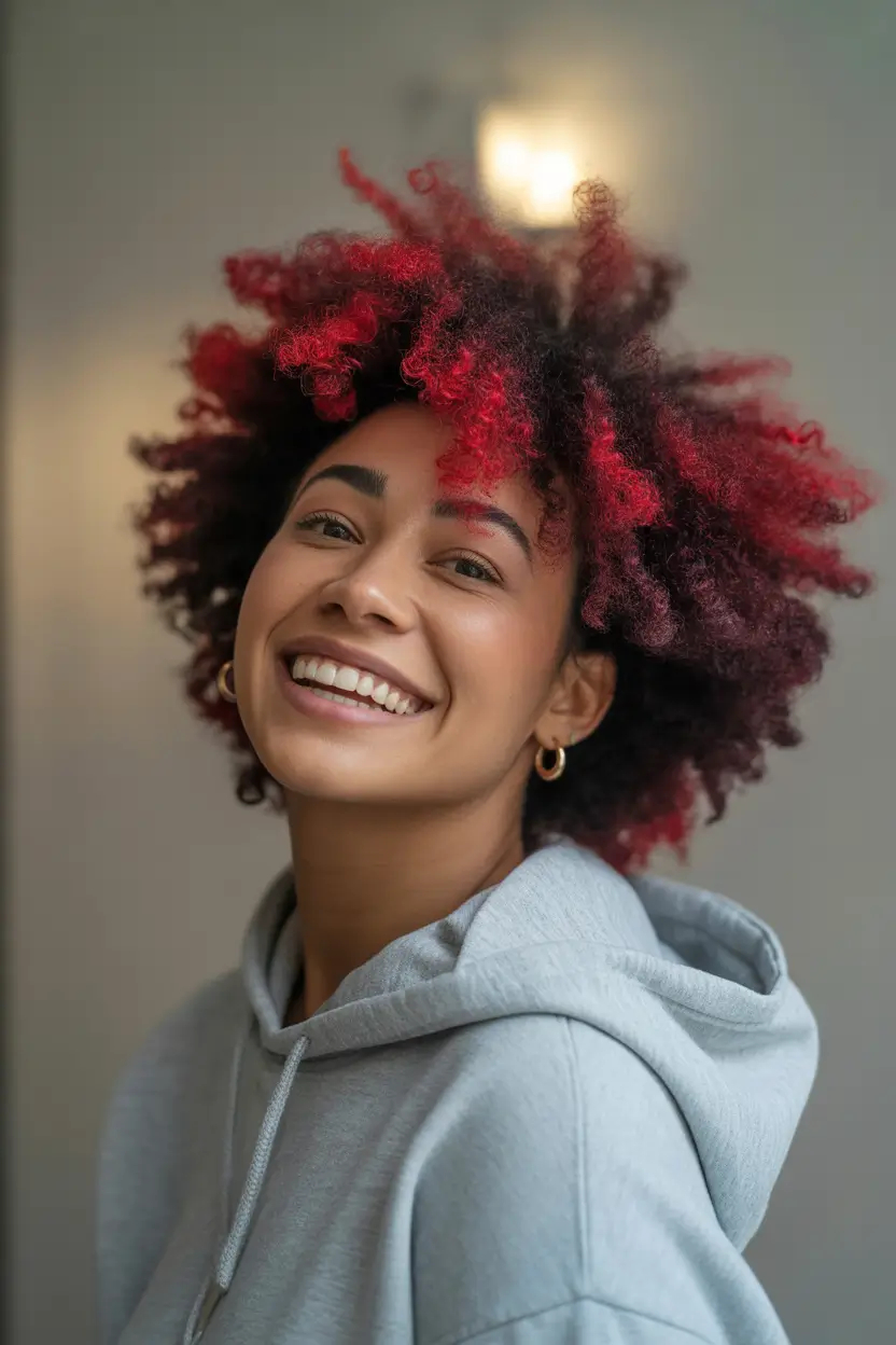 Winter 2025–2026 Hair Colors Trends Dark Skin Crimson Curl Explosion