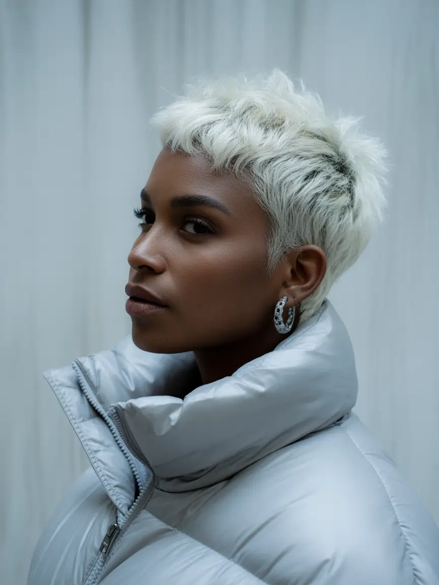 Winter 2025–2026 Hair Colors Trends Dark Skin Platinum Pixie Crop