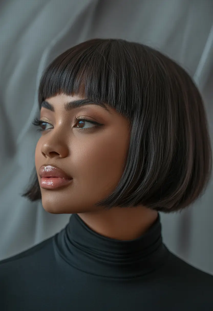 Winter 2025–2026 Hair Colors Trends Dark Skin Jet-Black Bob with Bangs