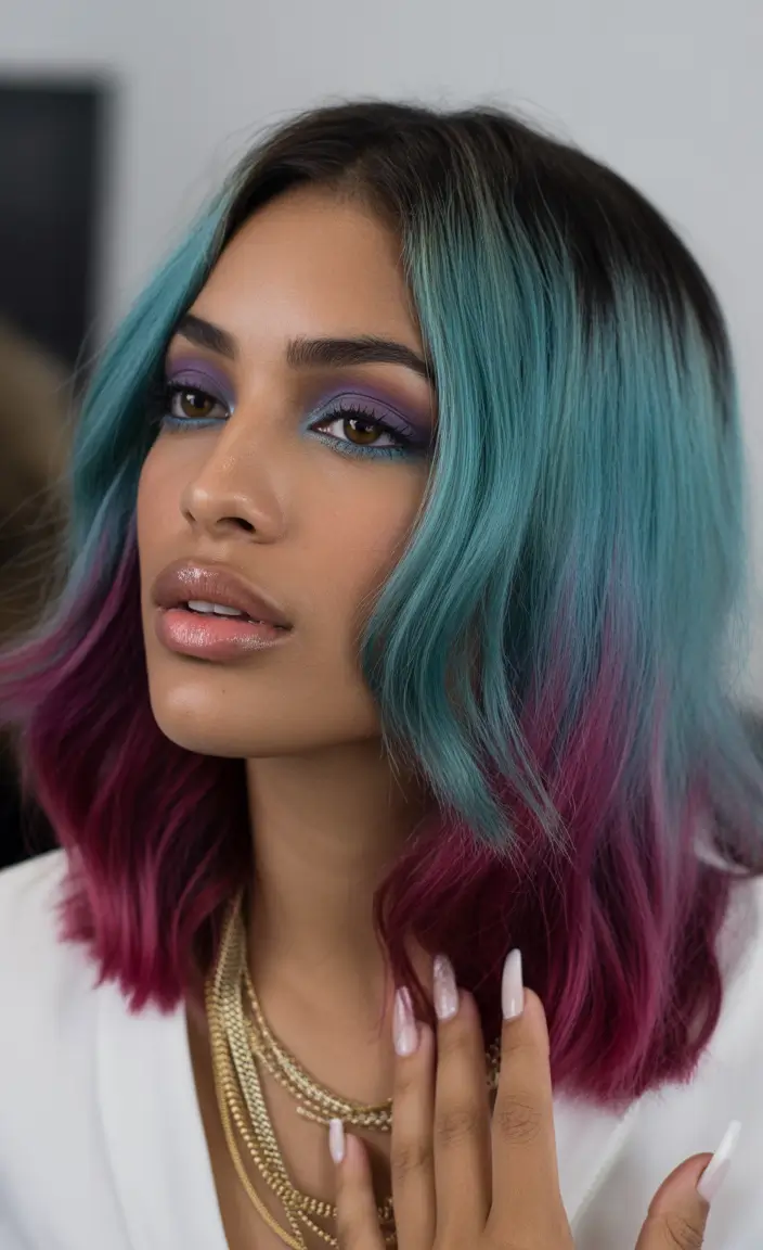 Winter 2025–2026 Hair Colors Trends Dark Skin Teal and Magenta Hair