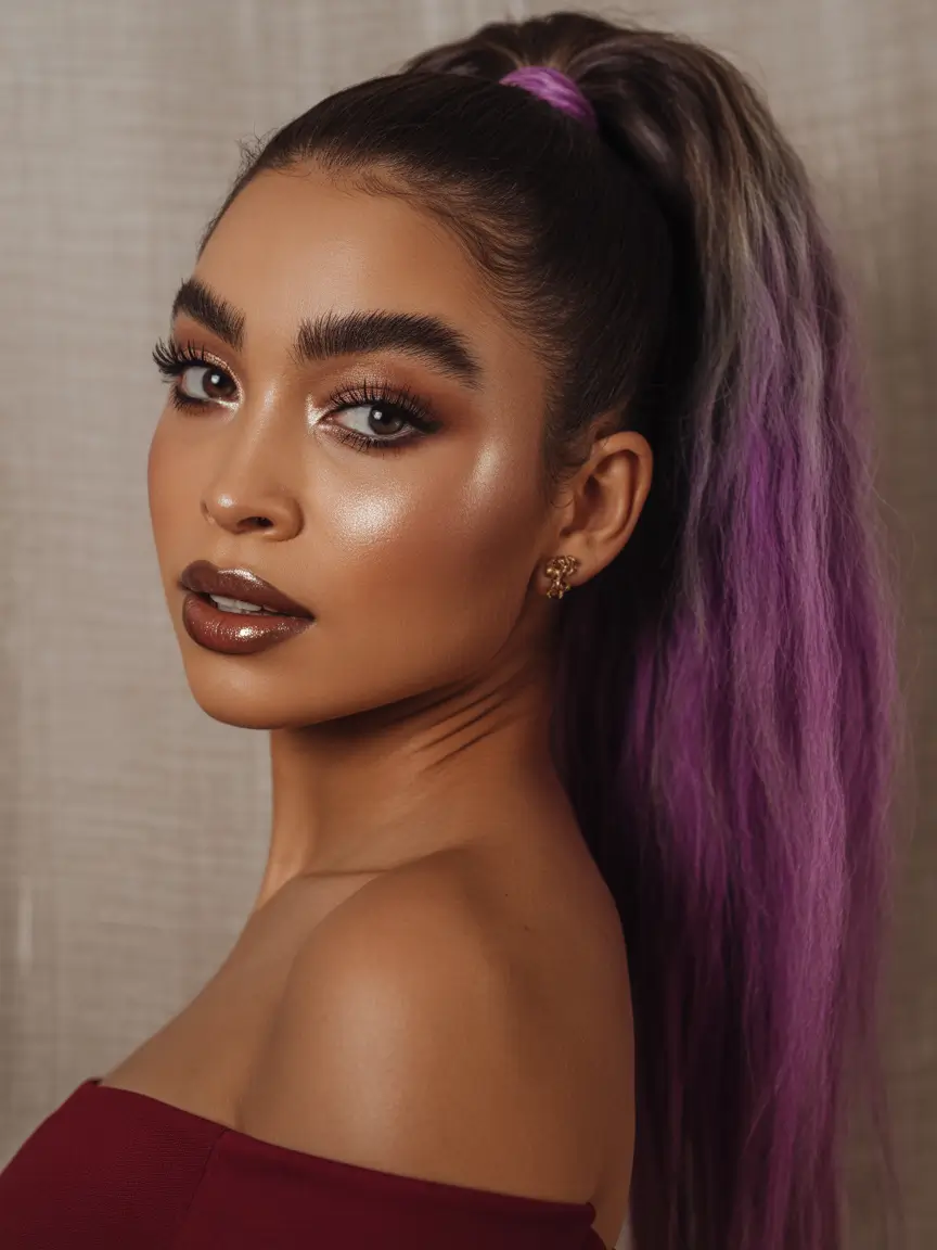 Winter 2025–2026 Hair Colors Trends Dark Skin Royal Violet Ponytail