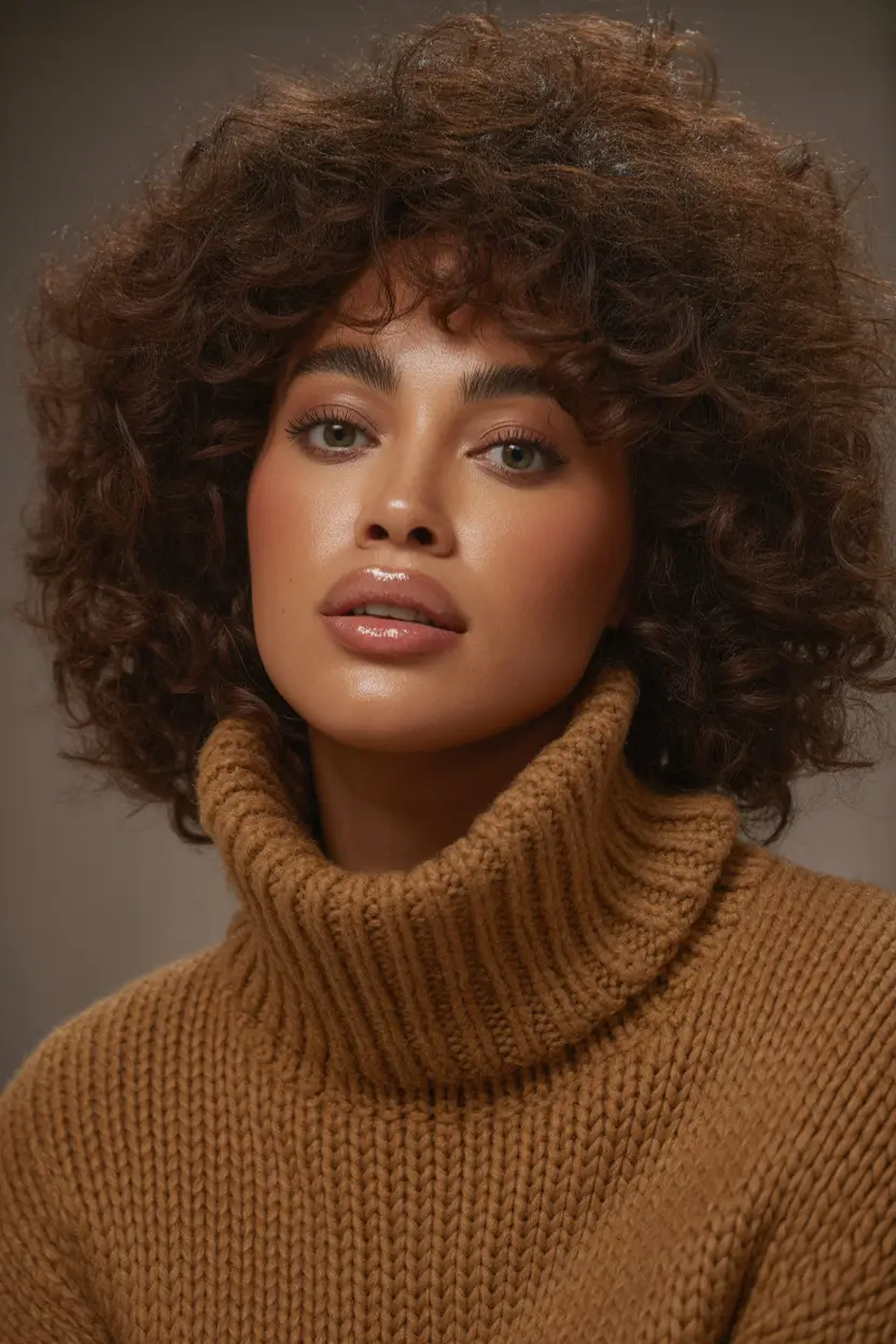 Winter 2025–2026 Hair Colors Trends Dark Skin Chestnut Curly Volume